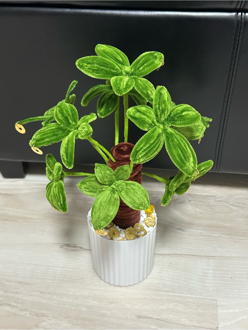 Green Velvet Faux Money Tree in White Ceramic Pot - Unbranded